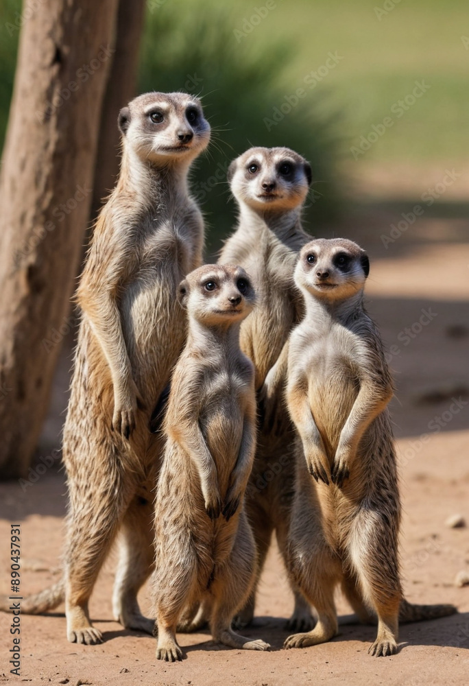 A family of meerkats standing upright on their hind legs, keeping watch for predators. A family of meerkats standing upright on their hind legs, keeping watch for predators.