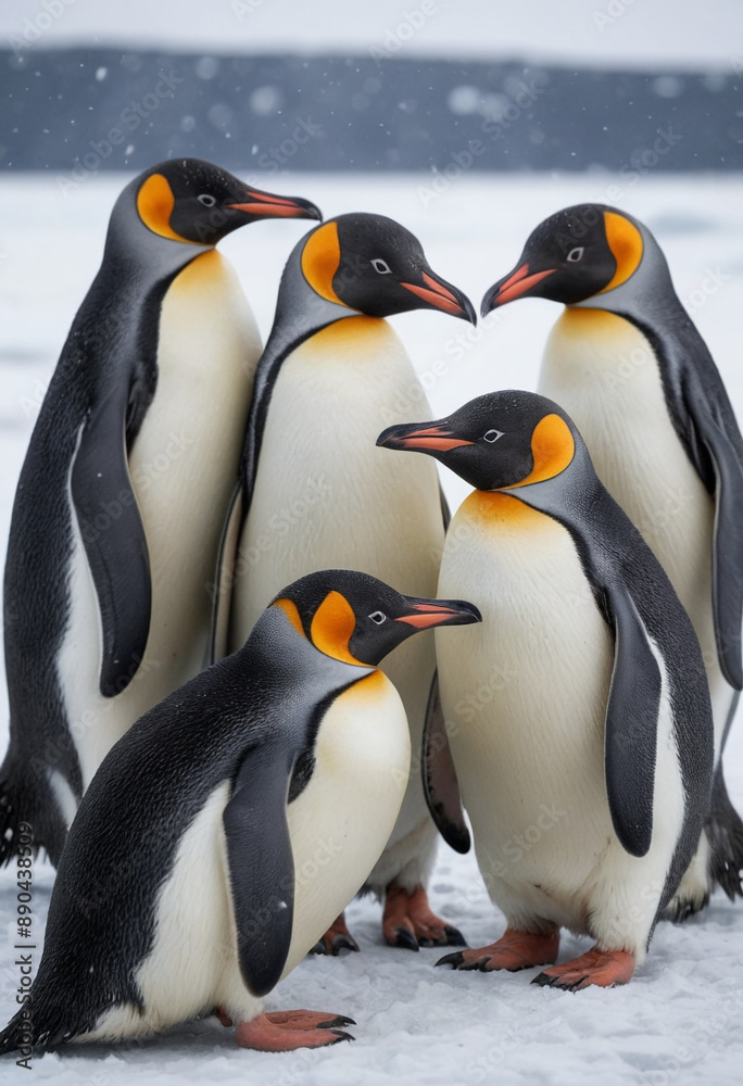 Fototapeta premium A group of penguins huddled together for warmth on a snowy Antarctic shore.