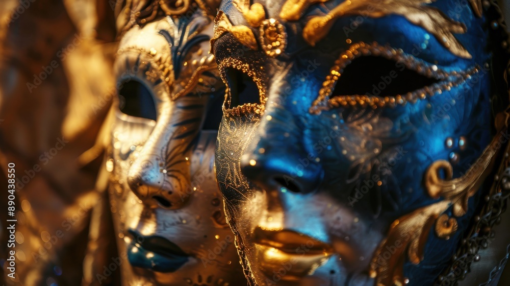 Obraz premium Ornate theatre masks, rich textures, bright colors, realistic studio lighting, highresolution background