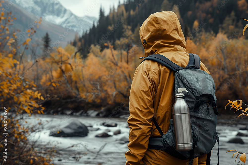 Solo traveler exploring a scenic autumn landscape, with zero waste travel gear Solo traveler exploring a scenic autumn landscape, with zero waste travel gear