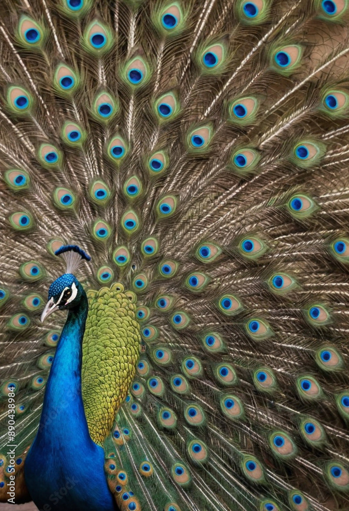 Fototapeta premium A colorful peacock showcasing its impressive tail feathers in a mating display. 