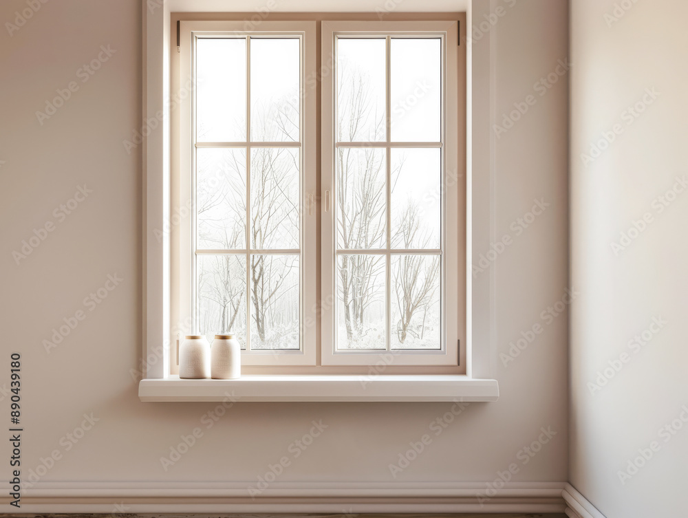 Fototapeta premium Large window in an empty property room with no furniture and day lighting. Residential Real Estate interiors with copy space for text.