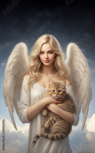 mystical angel archangel Ariel holding cute cat, realistic illustration of guardian angel of animals concept 