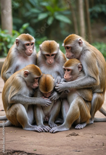  A group of monkeys grooming each other for social bonding. 