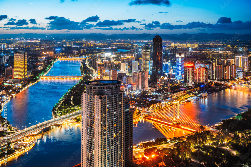 Fototapeta premium Aerial view of Ningbo city at night, China.