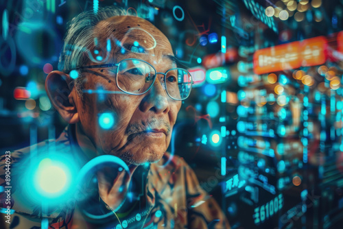 Tech-Savvy Elderly Man Immersed in Digital World at Night photo