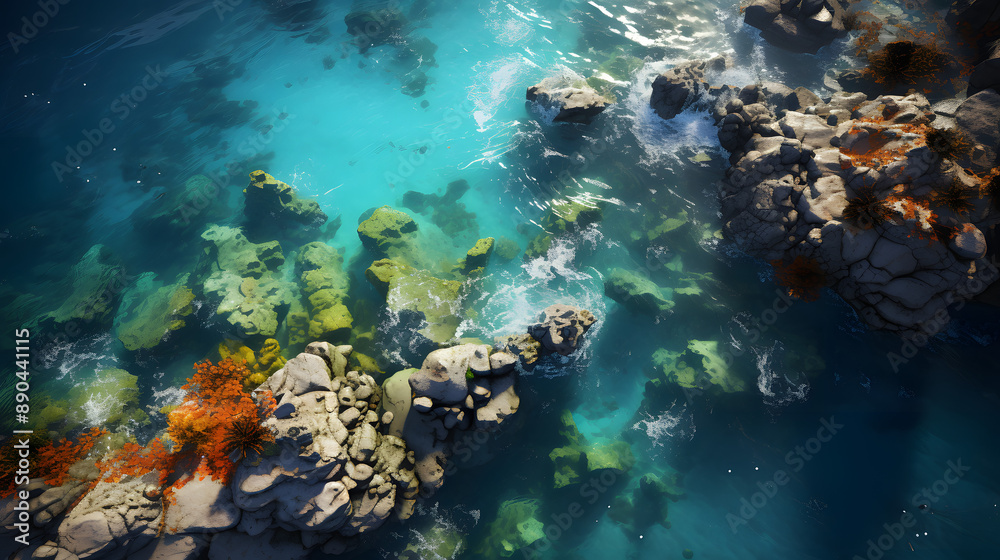 Fototapeta premium An aerial view of a rocky shoreline with turquoise water crashing against the rocks. The rocks are covered in moss and seaweed, and the water is clear enough to see the bottom.