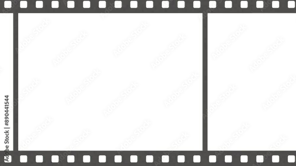 Animated video of a film strip that is above and below the frame and runs from right to left on a white and green background Animated video of a film strip that is above and below the frame and runs from right to left on a white and green background