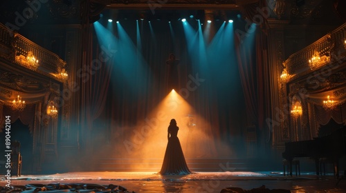 Opera singer on elaborate stage, dramatic lighting, ornate set design, realistic studio quality, sharp focus