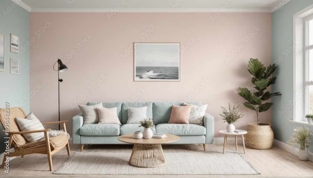 Modern comfortable living room interior with green decorative plants and sofa Modern comfortable living room interior with green decorative plants and sofa