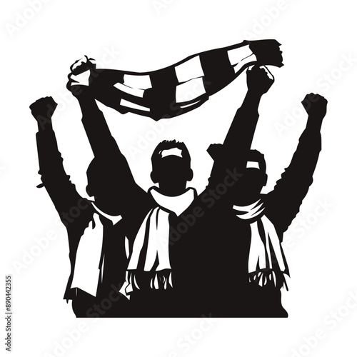 Silhouette of three fans cheering with scarves raised