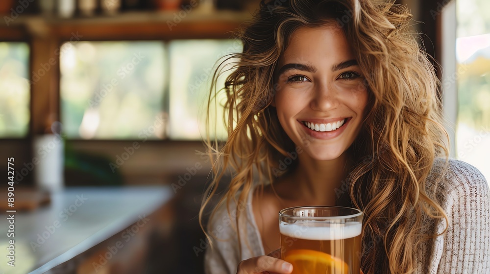 A woman taking a probiotic supplement with a glass of kombucha, smiling and looking refreshed A woman taking a probiotic supplement with a glass of kombucha, smiling and looking refreshed