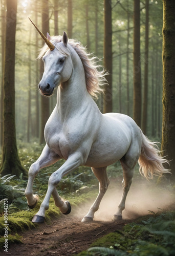  A majestic unicorn galloping through a magical forest. 