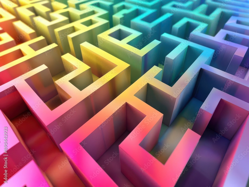 3D maze with a gradient of warm to cool colors. 3D maze with a gradient of warm to cool colors.