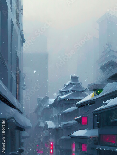 Big asian city view with buildings, skycrapers in winter with snow - Digital art by Lyodo photo