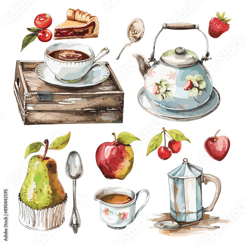 Watercolor illustration of a rustic tea party with fruit, teapot, and pie