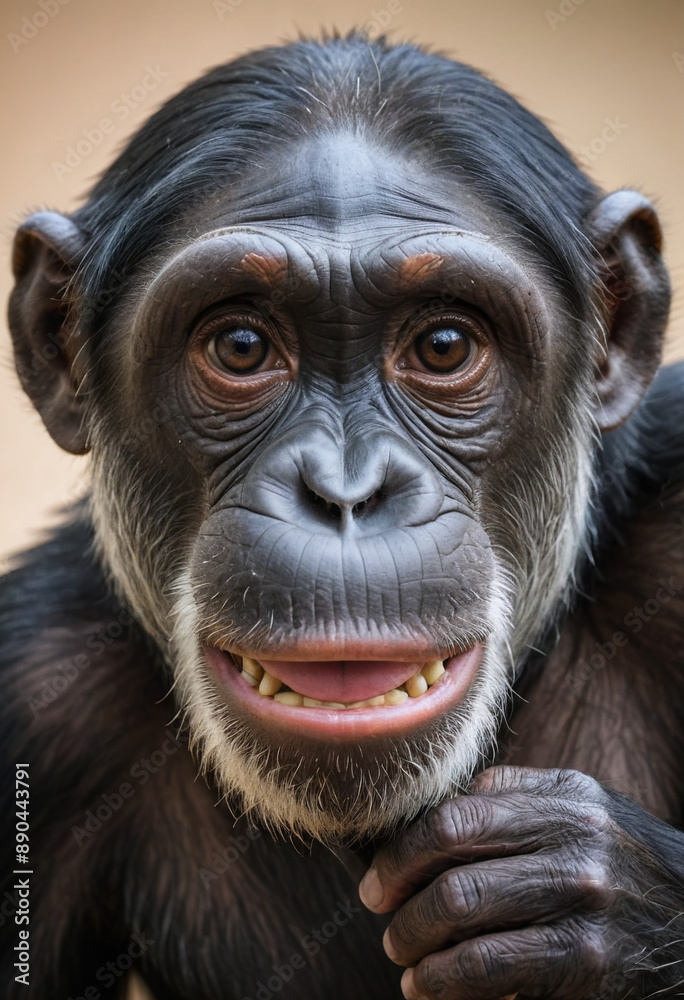 A close-up of a chimpanzee showing intelligence and curiosity. A close-up of a chimpanzee showing intelligence and curiosity.