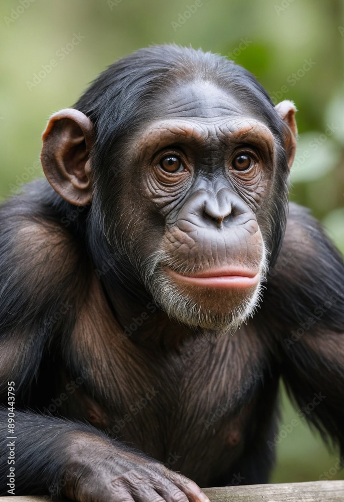 A close-up of a chimpanzee showing intelligence and curiosity. A close-up of a chimpanzee showing intelligence and curiosity.