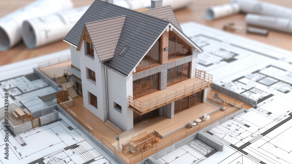 A 3D architectural model of a house over blueprints.