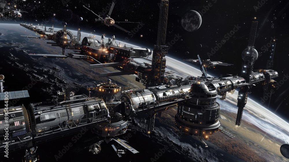 A massive space station orbiting a distant gas giant, with various spacecraft docked and undocked. A massive space station orbiting a distant gas giant, with various spacecraft docked and undocked.