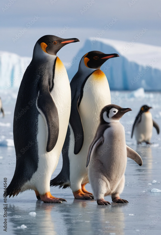 Obraz premium A family of penguins waddling across the icy Antarctic landscape.
