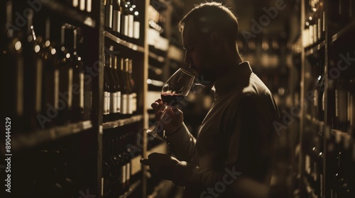 Sommelier carefully evaluates the aroma and flavor of red wine in a traditional wine cellar