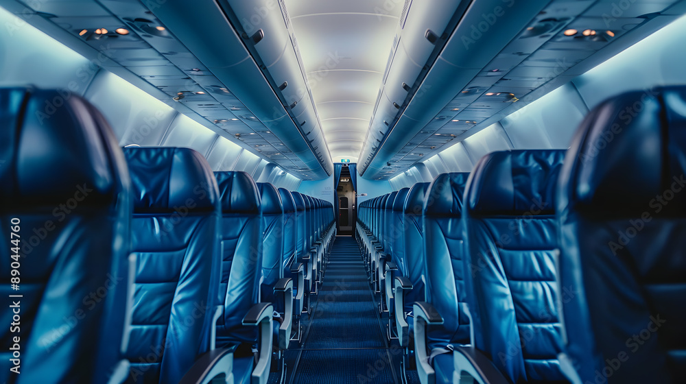 Obraz premium interior of an airplane, A Pristine and Empty Airplane Cabin with Neatly Arranged Rows of Blue Seats Leading to the Cockpit Door Evoking a Sense of Calm and Anticipation Before a Flight Begins