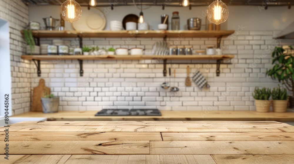 Wooden table on blurred kitchen counter background for a clean and inviting space Wooden table on blurred kitchen counter background for a clean and inviting space