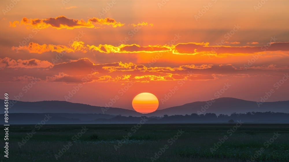 A sunset over a field with mountains in the background, AI A sunset over a field with mountains in the background, AI