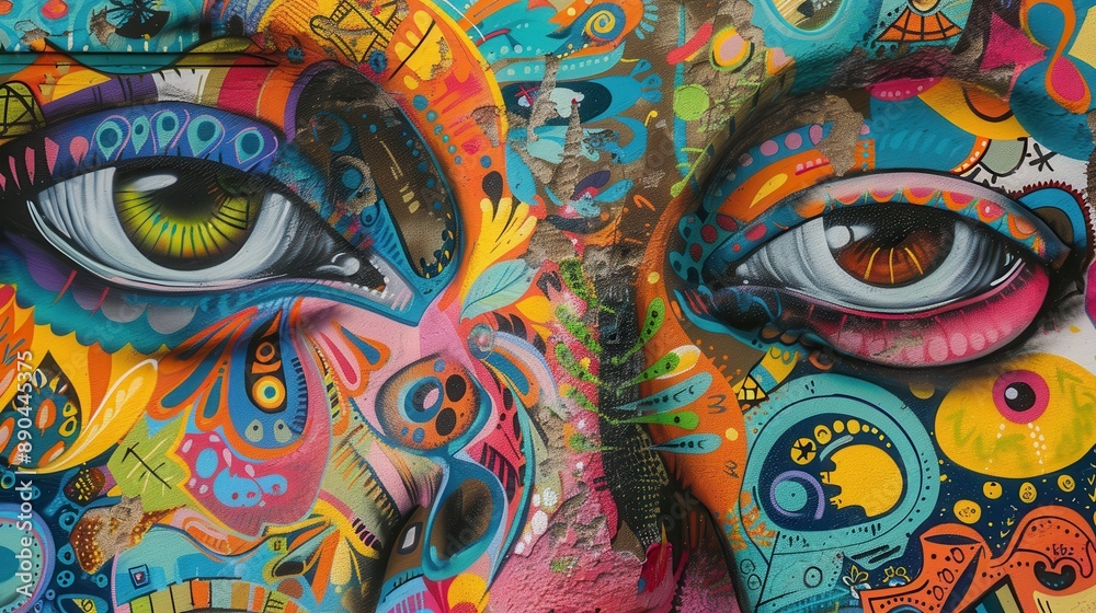 Fototapeta premium Artistic mural with colorful details, street art style, realistic studio lighting, highresolution background