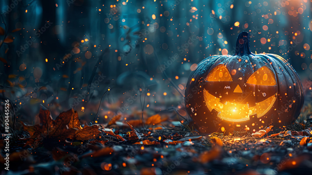 Jack-o-lantern glowing in a dark forest Halloween night Jack-o-lantern glowing in a dark forest Halloween night