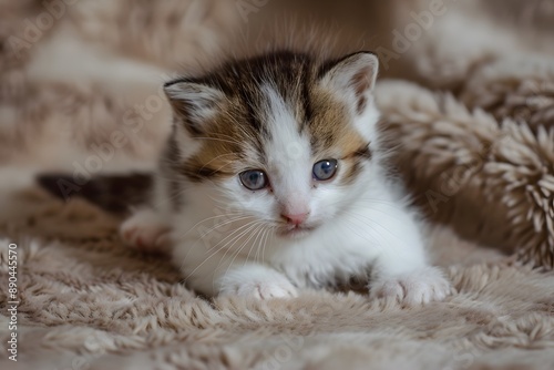 Tabby kitten with blue eyes resting on a fluffy beige blanket, radiating innocence and cuteness