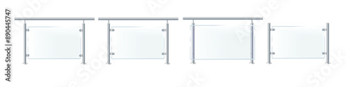 Glass or plexiglass fence with banisters. Architectural guardrail for balcony or office terrace.