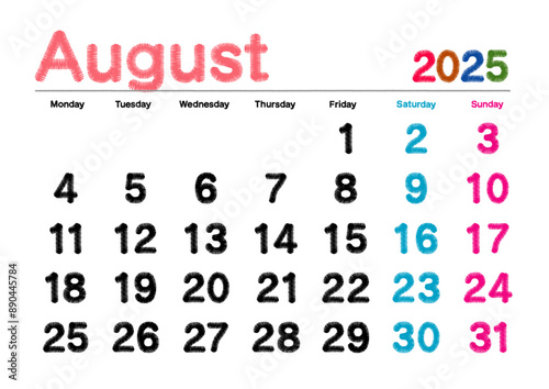 2025年8月の刺繍文字風カレンダー月曜始まり日本の祝日表記無し
