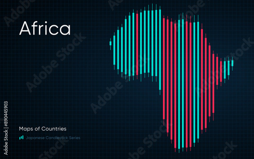 Africa map shown in a chart with bars and lines. Japanese candlestick chart Series
