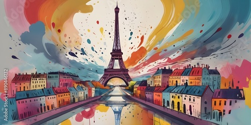 Abstract colorful painting of cityscape with tower