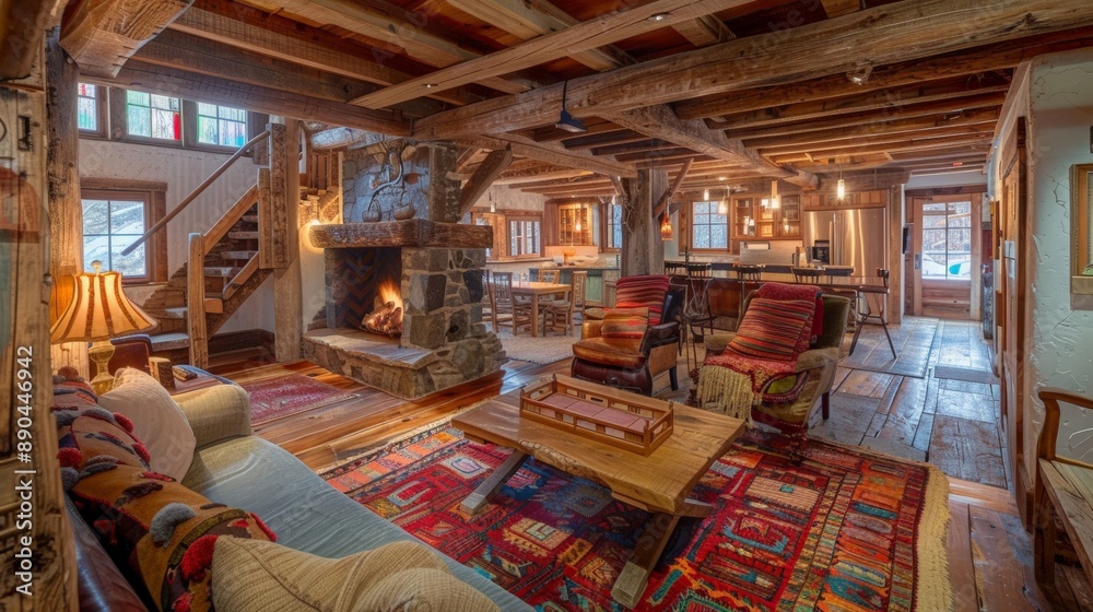 Rustic Cabin Interior with Fireplace and Exposed Beams Rustic Cabin Interior with Fireplace and Exposed Beams