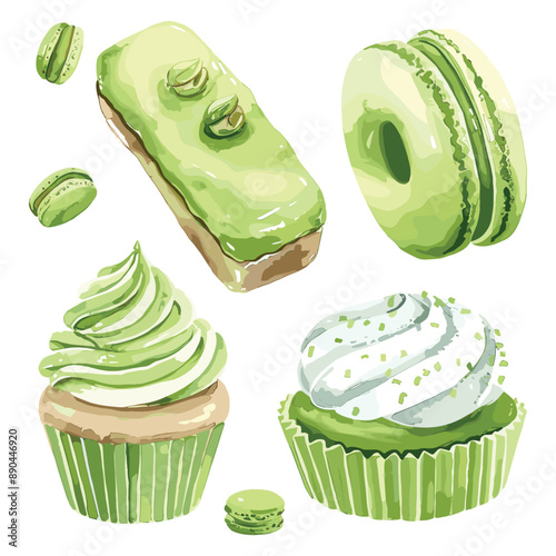 Green Tea Dessert Illustration. Cupcakes, Macarons, Donut, Eclair