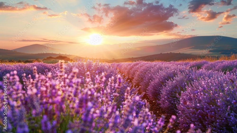 Obraz premium Lavender Flowers in Sunset Light Blooming Lavender Field and its Uses