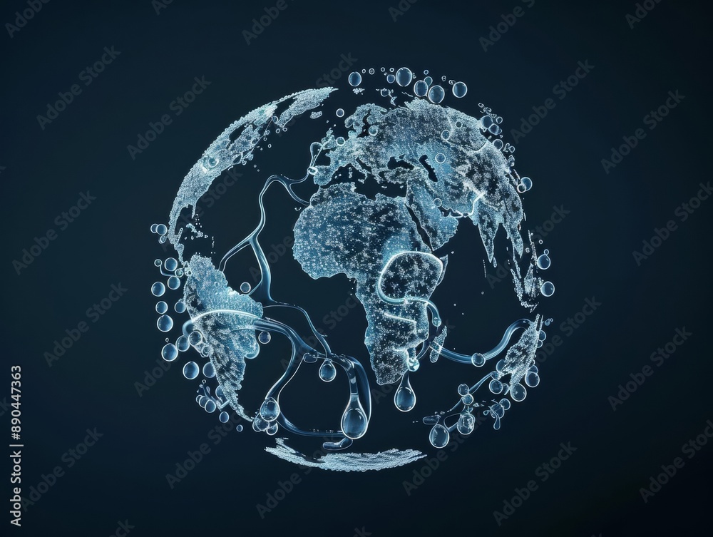 Earth made of intricate water droplets forming continents, showcasing global water unity, high-detail, dark background, bright and reflective highlights