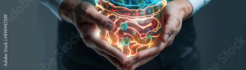 Hands holding a glowing, healthy gut barrier with protective microbes, symbolizing leaky gut prevention, vibrant colors, high detail, scientific illustration