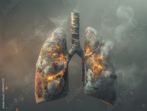 Illustration of unhealthy lungs with visible inflammation and tar build-up, set in a smoky, dimly lit environment, detailed textures, haunting atmosphere