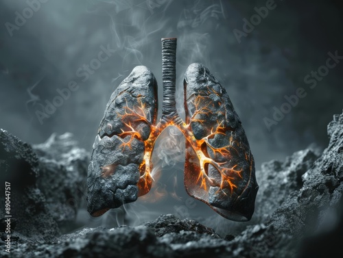 Illustration of unhealthy lungs with visible inflammation and tar build-up, set in a smoky, dimly lit environment, detailed textures, haunting atmosphere