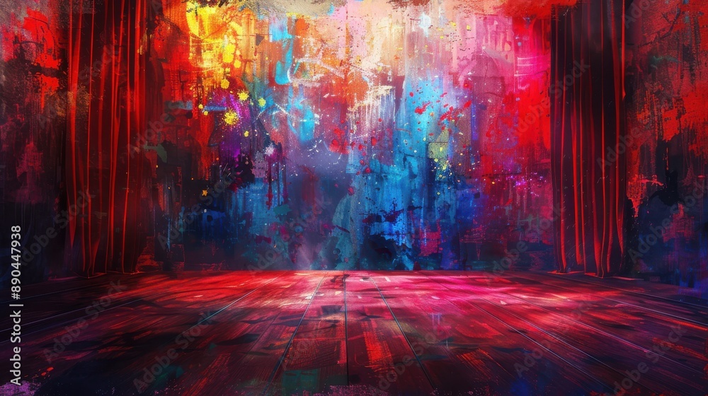Realistic theatre scene, vibrant lighting, abstract art backdrop, studio quality, high contrast, detailed imagery