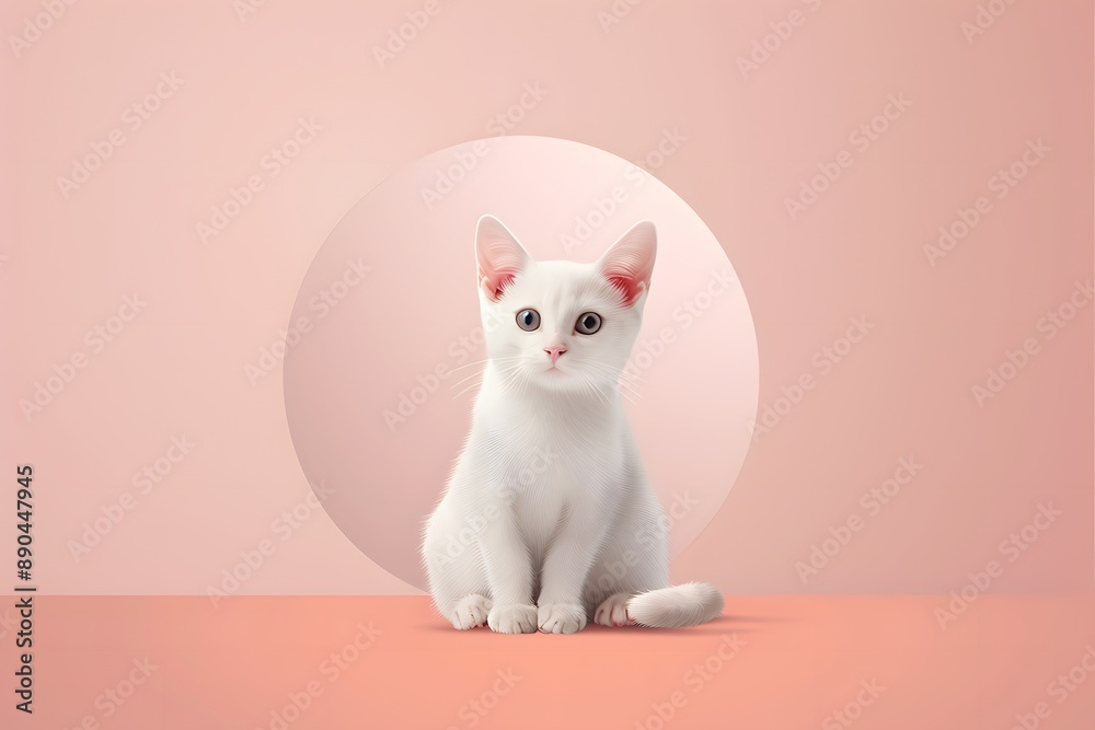 Adorable white kitten with mismatched eyes sitting calmly on a pastel background. Adorable white kitten with mismatched eyes sitting calmly on a pastel background.