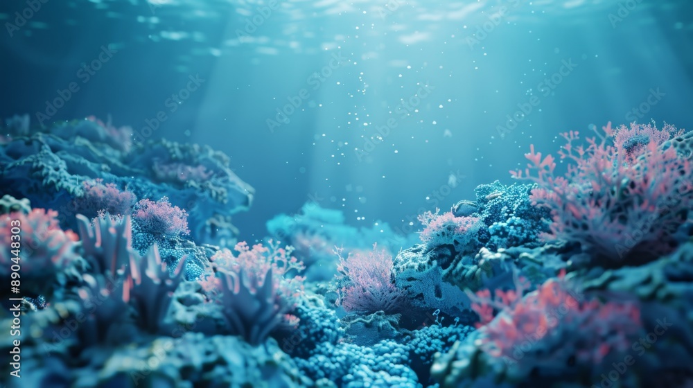 Fototapeta premium Vibrant 3D Underwater Seascape with Clay Coral Reef: Abstract Ocean Environment for Marine Conservation Awareness. Artificial Intelligence Generated Design Highlighting Aquatic Biodiversity and Ecosys