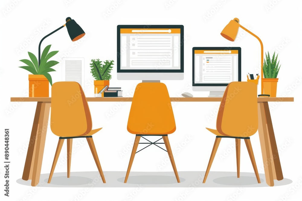 Fototapeta premium Minimalist Office Desk with Dual Monitors and Plants