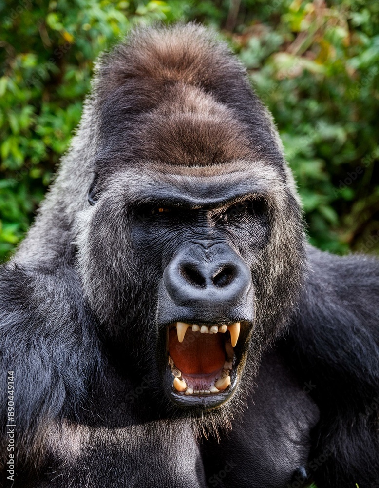 Obraz premium Großer Silberrücken Gorilla, wütendes, kraftvolles Tier, das im Dschungel brüllt. Starker, aggressiver Biest mit Zähnen, King Kong