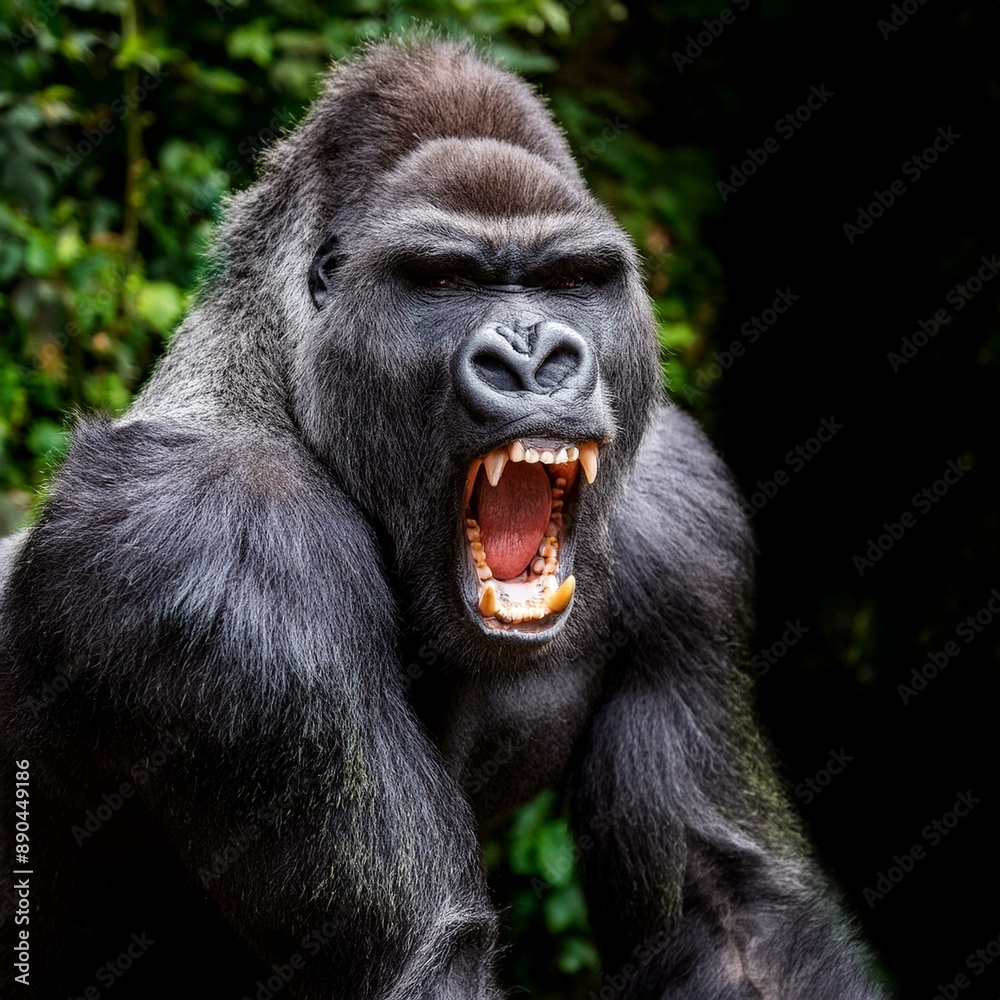 Großer Silberrücken Gorilla, wütendes, kraftvolles Tier, das im Dschungel brüllt. Starker, aggressiver Biest mit Zähnen, King Kong Großer Silberrücken Gorilla, wütendes, kraftvolles Tier, das im Dschungel brüllt. Starker, aggressiver Biest mit Zähnen, King Kong