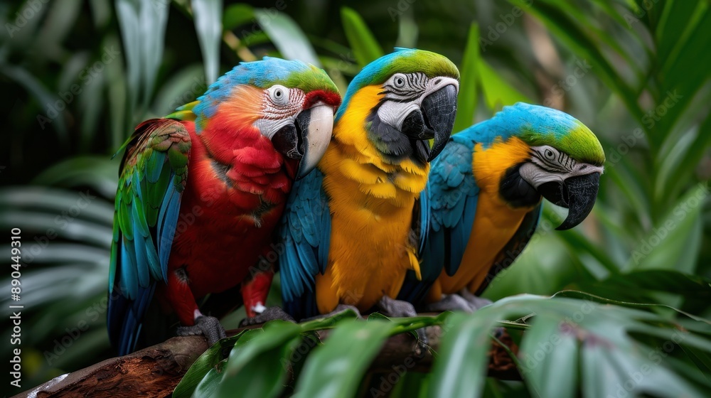 Fototapeta premium A group of three vibrant parrots displaying colorful feathers are perched on a branch amidst a lush green backdrop, showcasing the beauty of their vivid plumage.